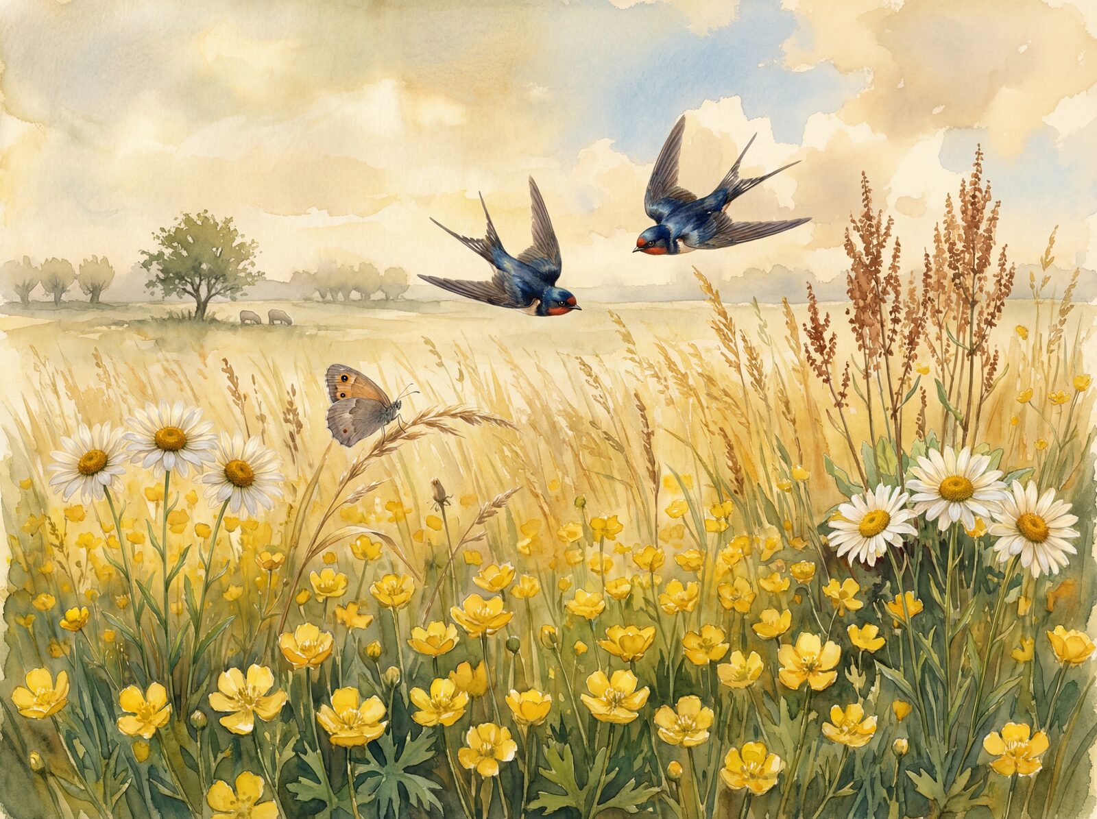 Scenic mural wallpaper in Buttercup Gold, Sorrel Rust, and Meadow Green. Made to order.