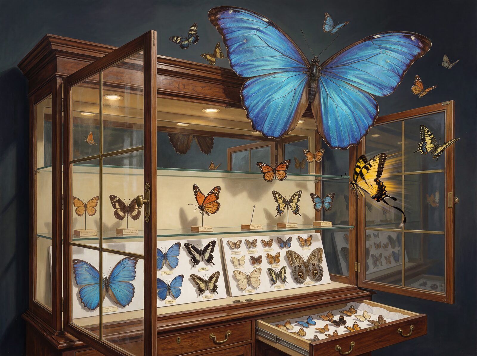 A dark oak entomological cabinet teeming with escaping butterflies. Rich blues, oranges, and yellows. Made to order.