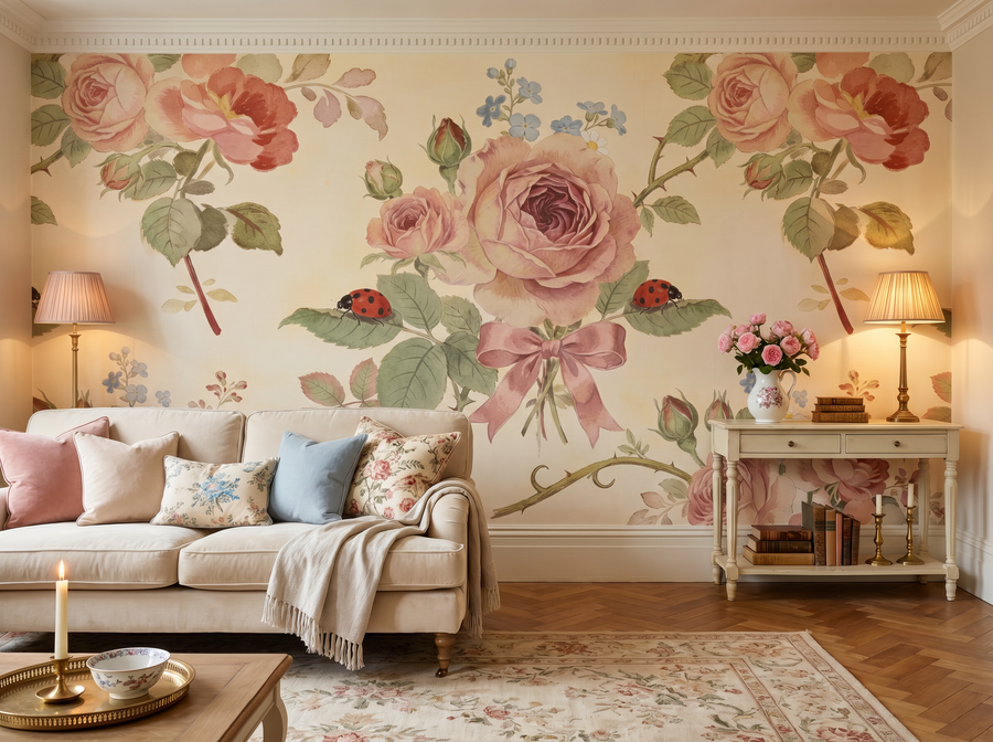 Cabbage Rose Heritage scenic wallpaper mural on the feature wall of an English-country bedroom, in a soft grey palette — The Wall Shawl.