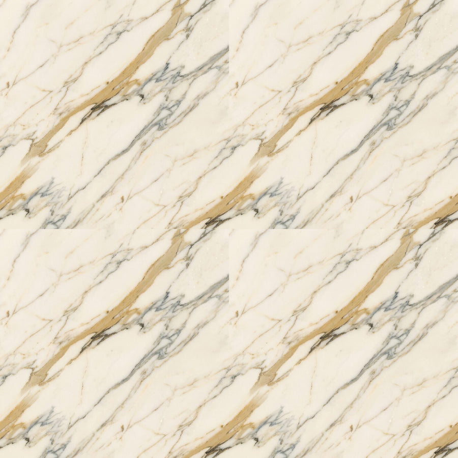 Experience the luxurious sweep of Calacatta marble in warm white, gold, and grey. Made to order.