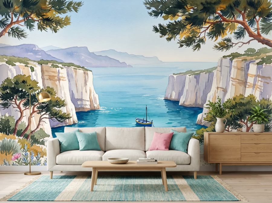 Calanque Coast scenic wallpaper mural on the feature wall of a Mediterranean bathroom, in a deep teal palette — The Wall Shawl.