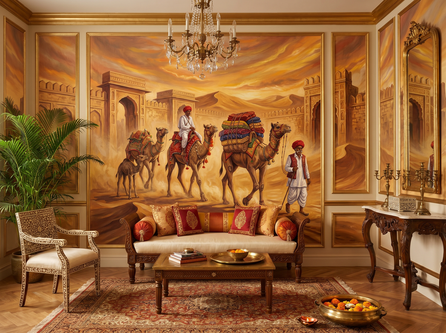 Camel Procession scenic wallpaper mural on the feature wall of an eclectic dining room, in a soft grey palette — The Wall Shawl.