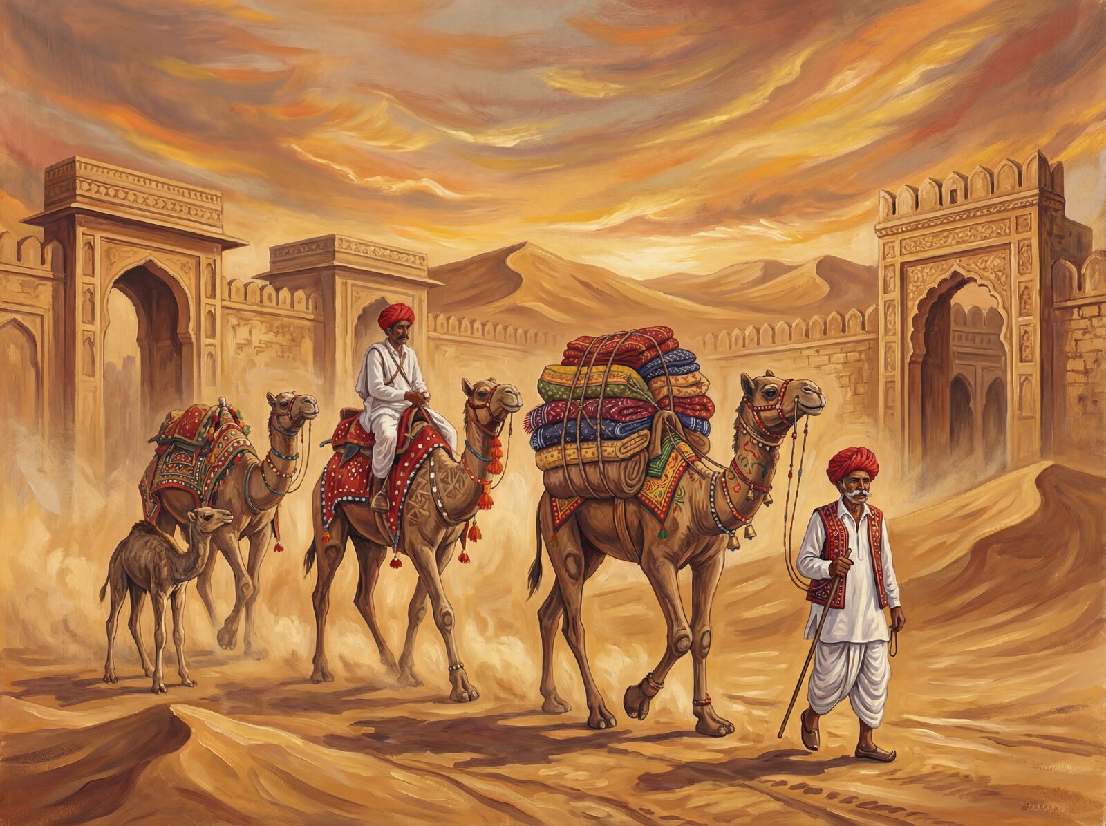 Desert scenery with camels, gold, red, and silver hues. Made to order.