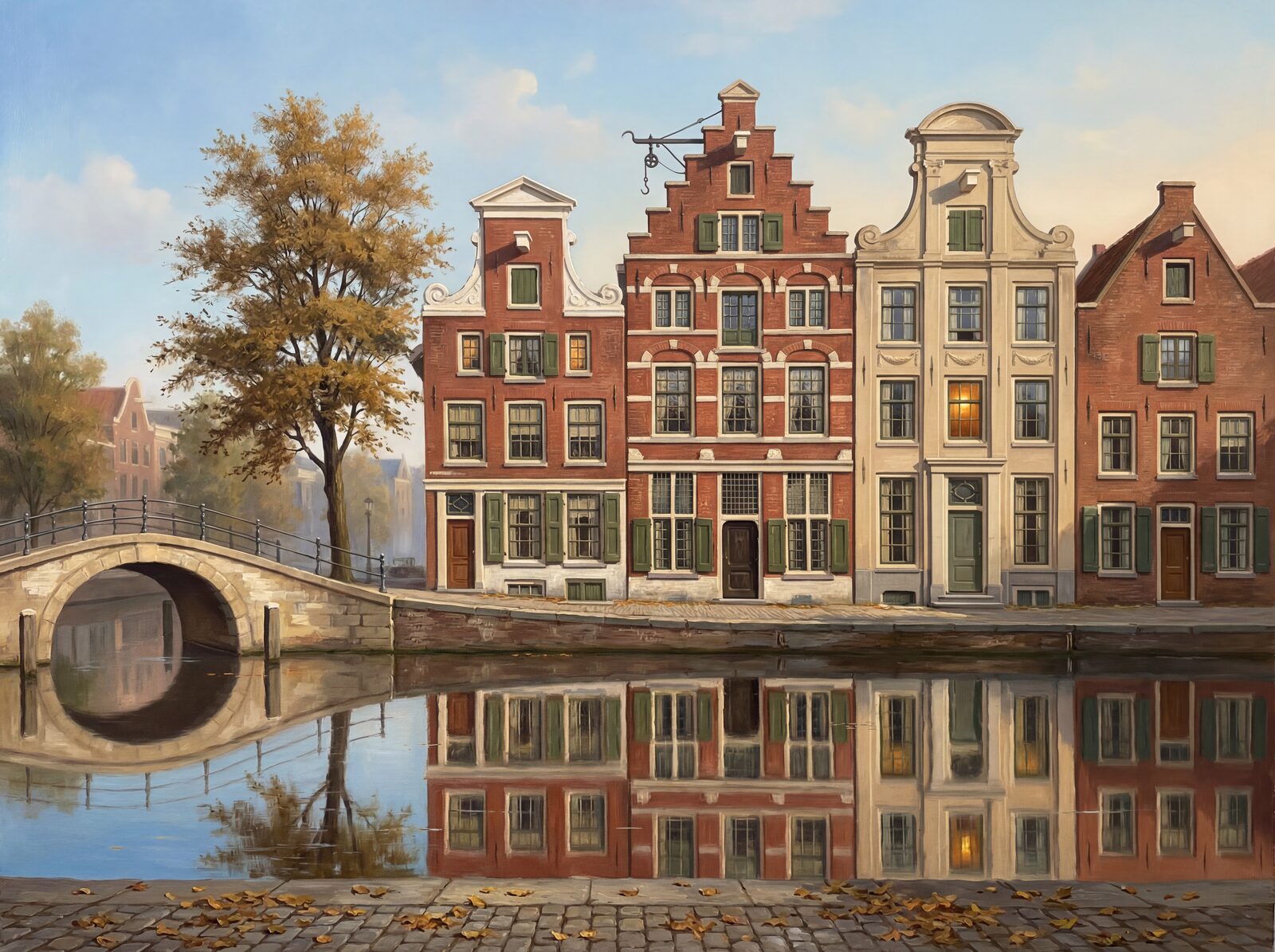 Scenic mural wallpaper featuring Amsterdam canal houses in Canal Dark, Brick Red, and Sandstone hues. Made to order.