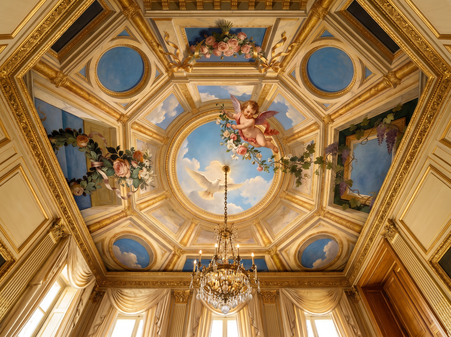 Ceiling Vault scenic wallpaper mural on the feature wall of a Hollywood-Regency cloakroom wc_ccaf4988 705e 4ef1 b322 2ff5c4d910c2, in a deep purple palette — The Wall Shawl.
