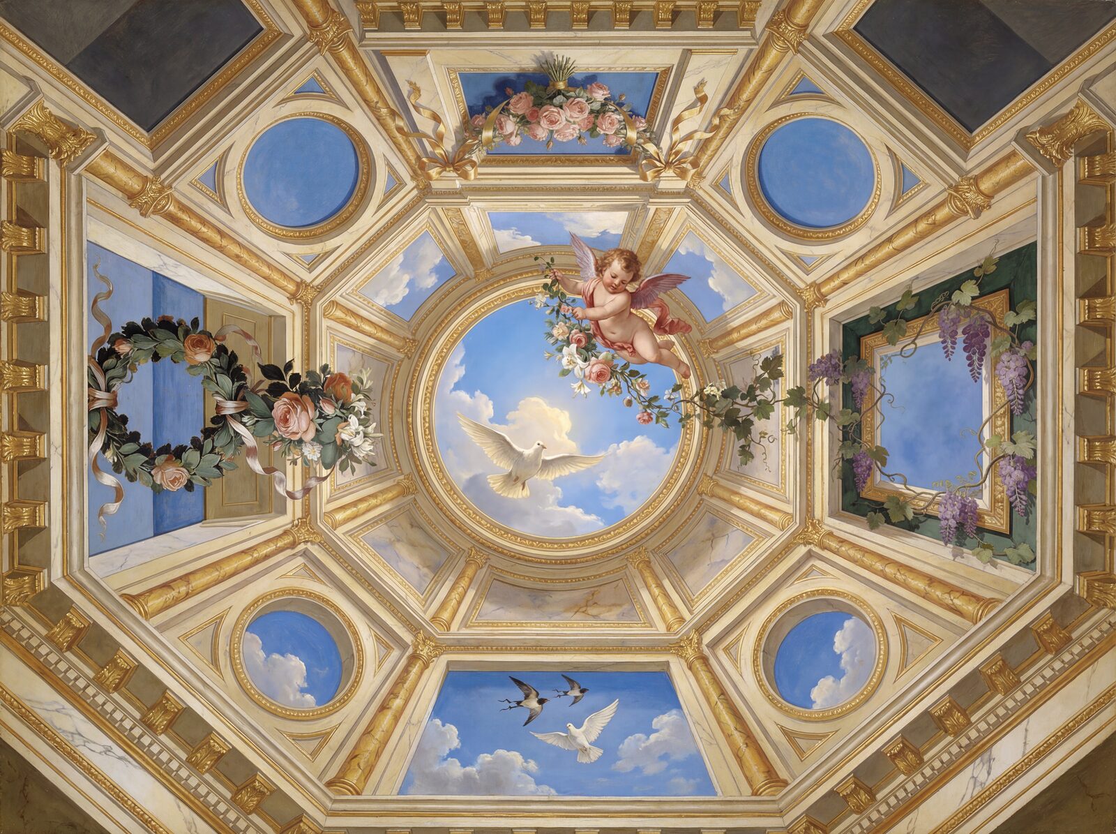 Architectural trompe l'oeil ceiling mural with a heavenly, illusionistic feel in Vault Blue, Gilded Rib, and Vine Green. Made to order.
