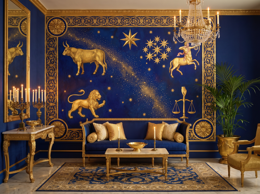 Celestial Ceiling scenic wallpaper mural on the feature wall of a maximalist dining room_425ea569 0f4c 42f8 b721 eeb18262a6f0, in a moody black-and-charcoal palette — The Wall Shawl.