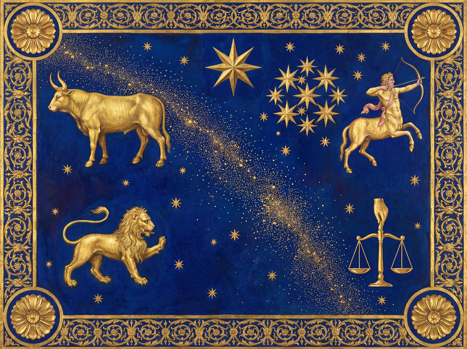Renaissance-inspired celestial map in Lapis Ultramarine, Leaf Gold, and Star Silver. Made to order.