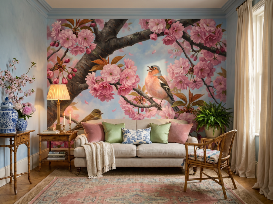 Chaffinch in Cherry wallpaper mural styled in a Chinoiserie / Oriental Living Room, Pinks / Blush palette.