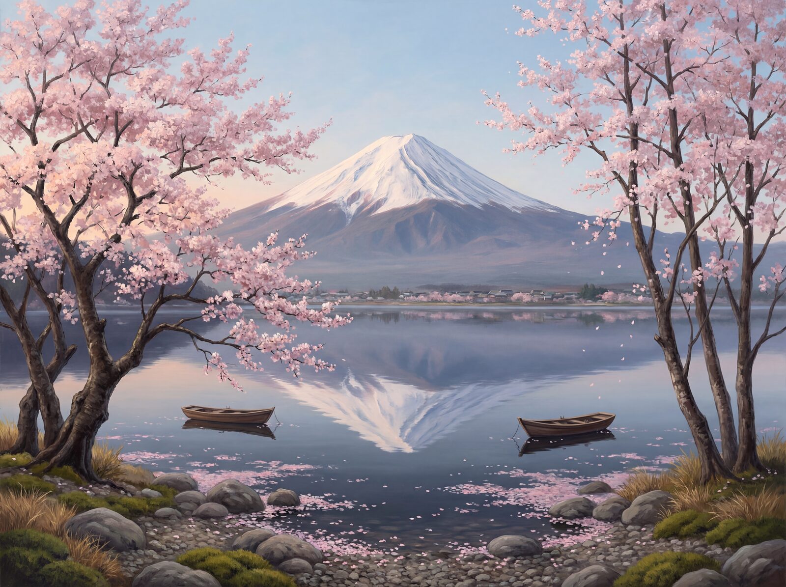 Scenic mural wallpaper featuring Mount Fuji and cherry blossoms in soft pink, blue, and grey hues. Made to order.