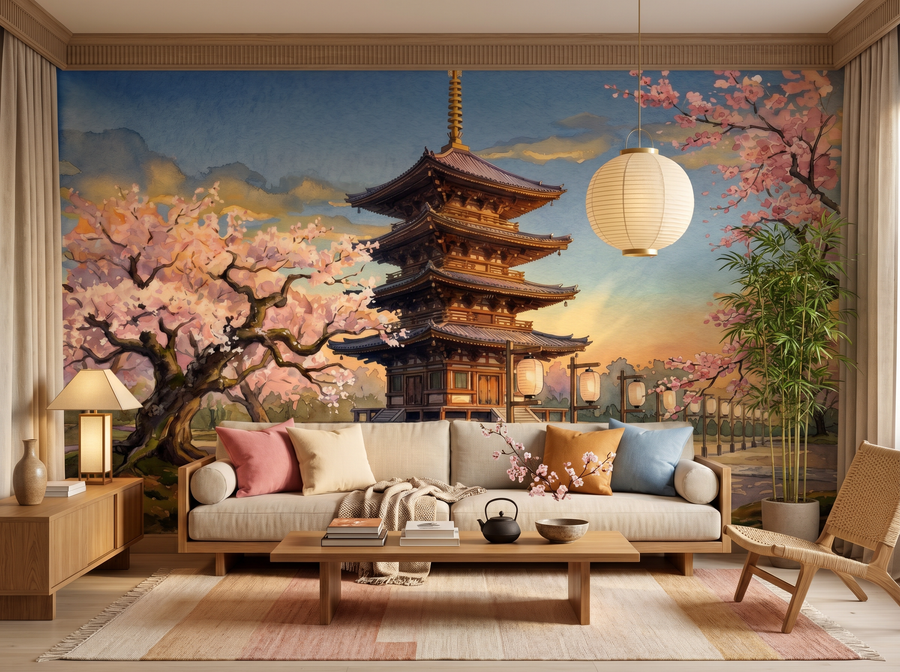 Cherry and Pagoda scenic wallpaper mural on the feature wall of a chinoiserie dining room, in a soft grey palette — The Wall Shawl.