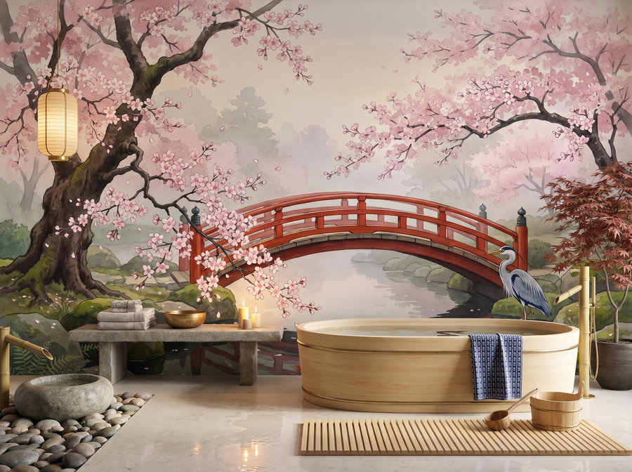 Cherry Bridge scenic wallpaper mural on the feature wall of a chinoiserie dining room, in a soft grey palette — The Wall Shawl.
