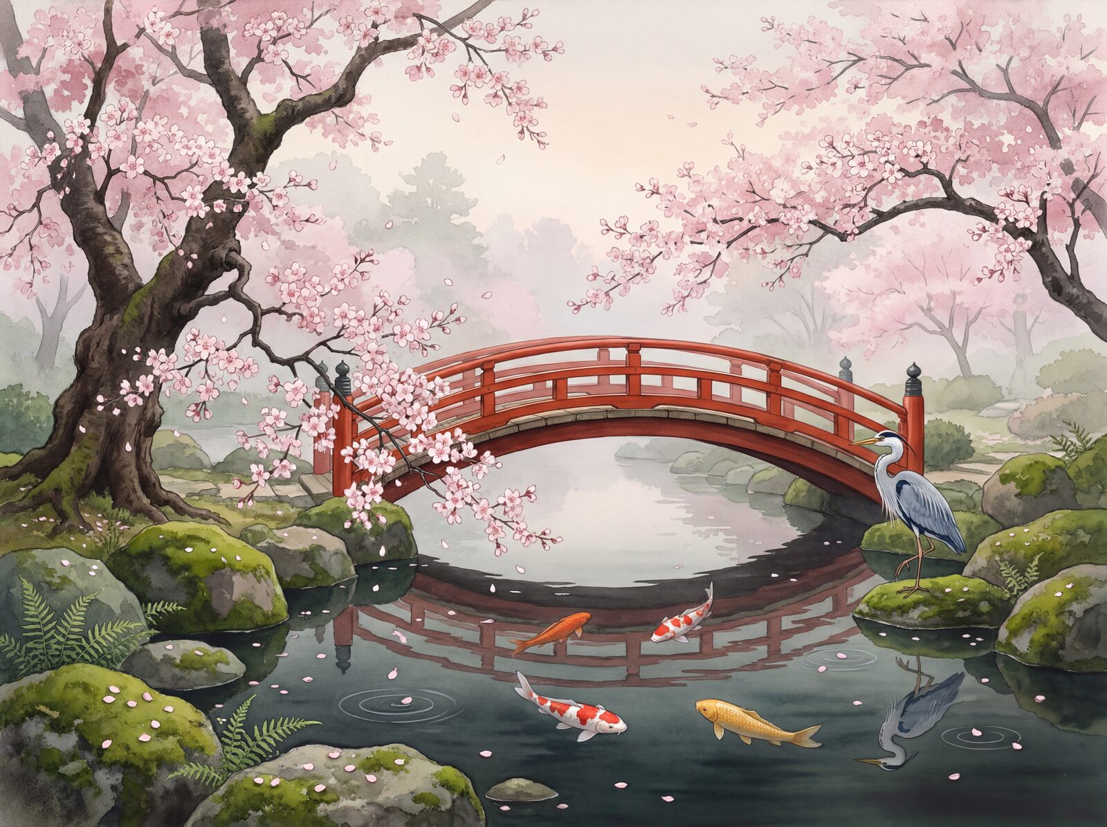 Scenic mural wallpaper in Bridge Vermilion, Sakura Blush, and Pond Dark. Made to order.