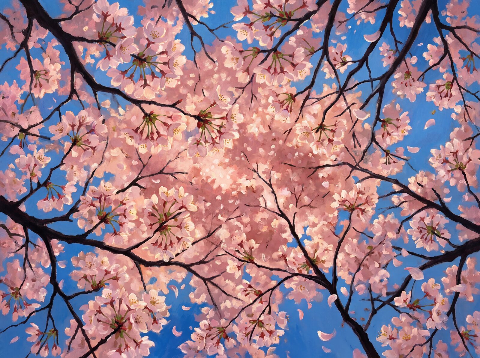 Immerse yourself in a cherry blossom canopy, with vivid blue sky and warm pink-white petals. Made to order.