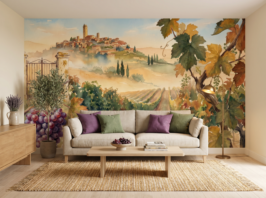 Chianti Vineyard scenic wallpaper mural on the feature wall of a Mediterranean dining room, in a soft grey palette — The Wall Shawl.