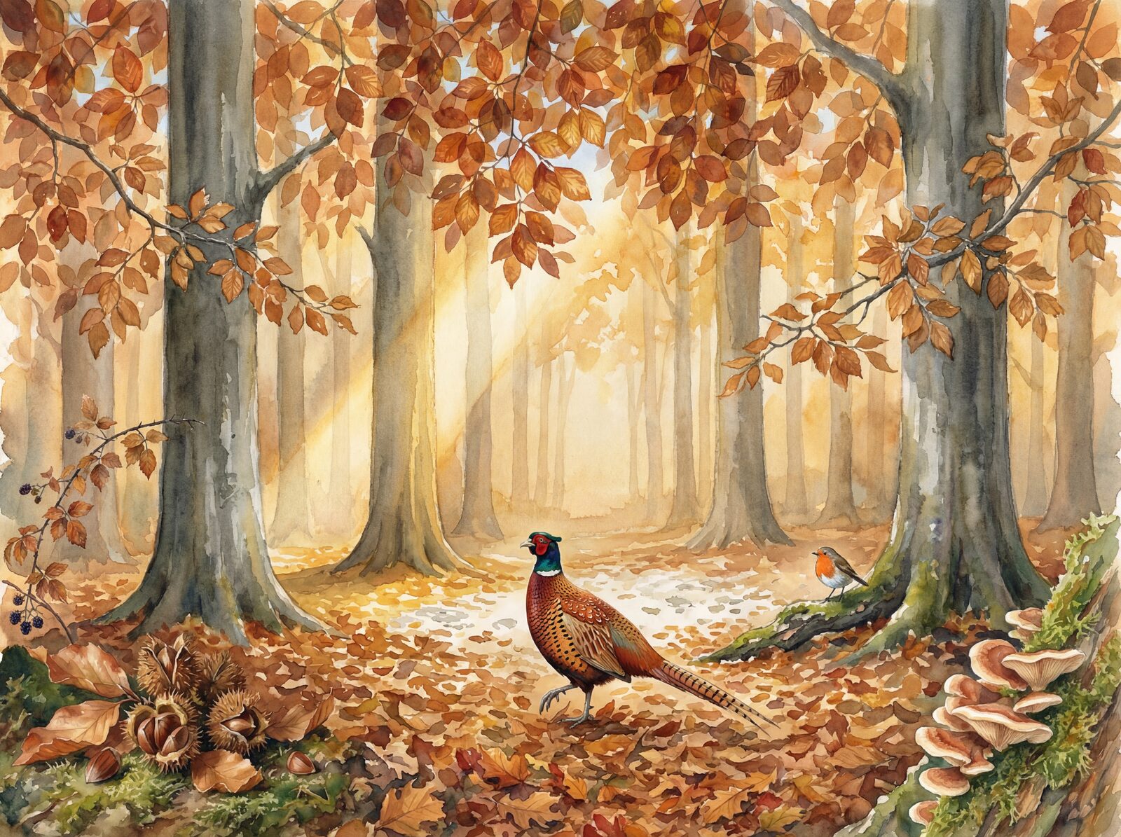 Immersive beechwood scene with warm Beech Copper, Trunk Silver, and Leaf Floor Gold tones. Made to order.
