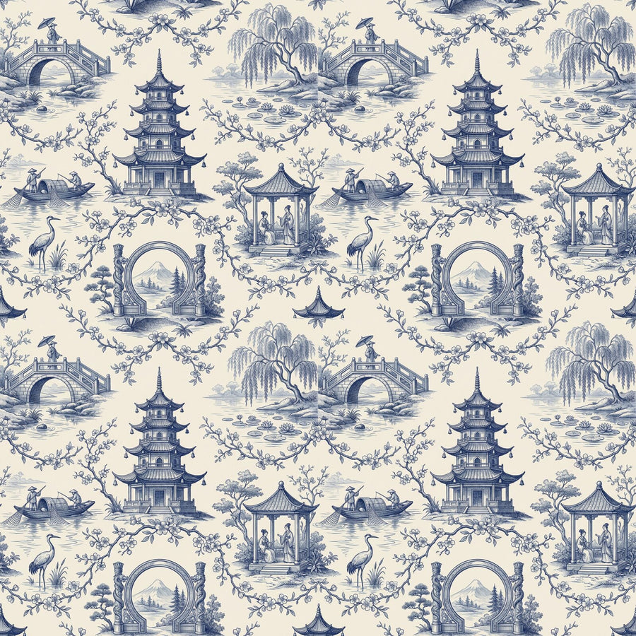 Step into a serene, ornamental Chinese garden in indigo and cream. This elegant, playful mural wallpaper is made to order for your space.