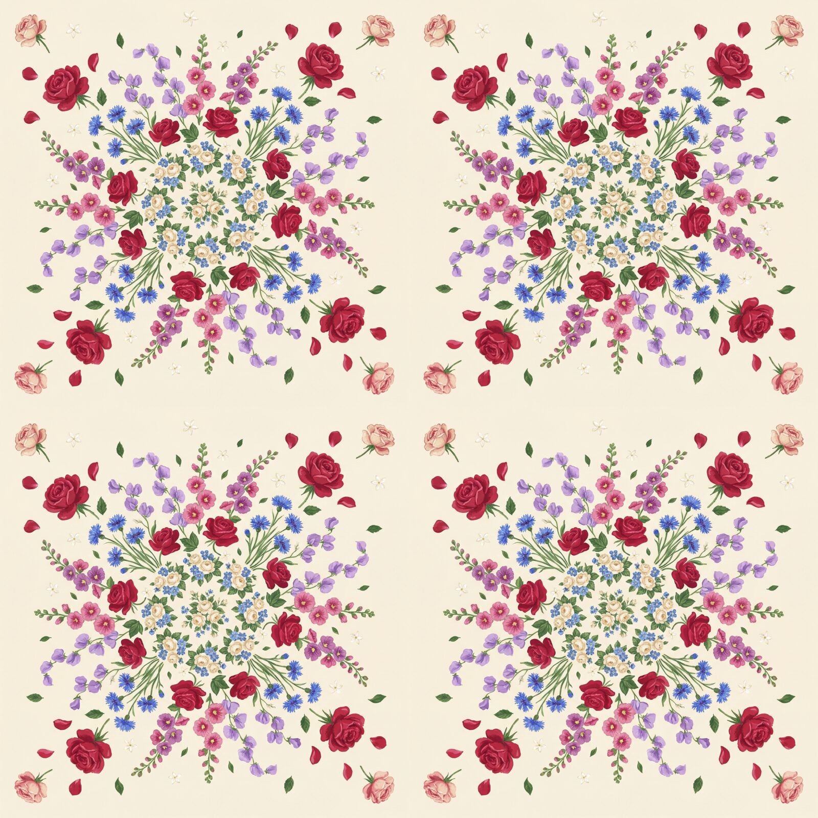 Experience an English country garden exploding in vibrant florals. Rose, pink, lilac on cream. Made to order.