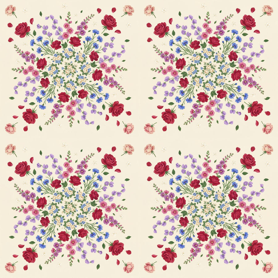 Experience an English country garden exploding in vibrant florals. Rose, pink, lilac on cream. Made to order.