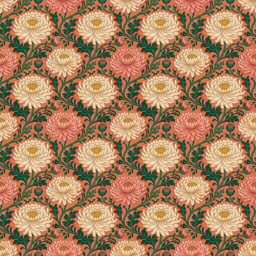 Bold chrysanthemum floral mural in vibrant coral, cream, and emerald tones. Made to order.