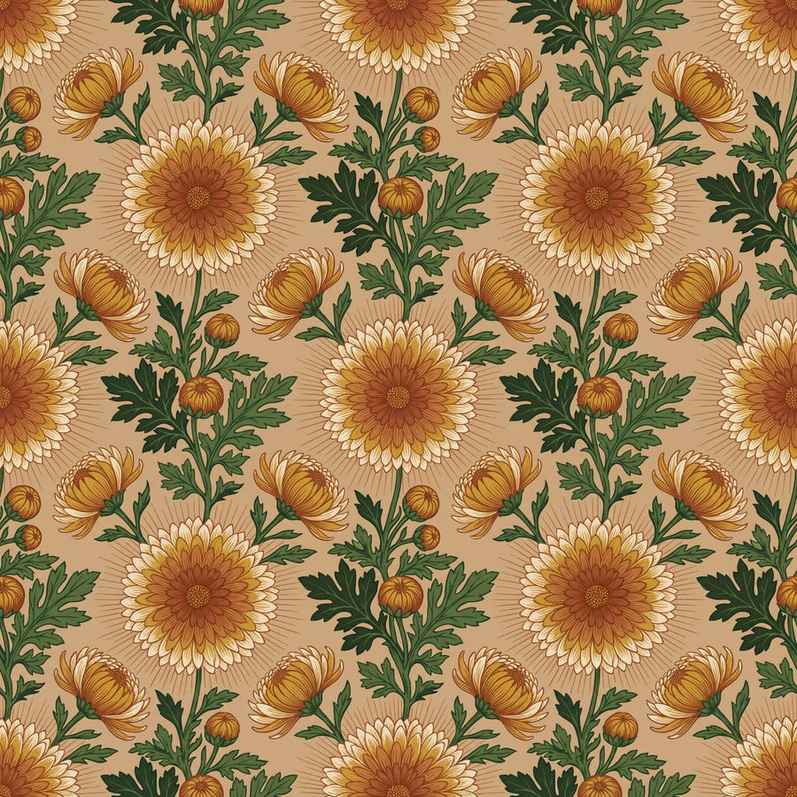 Our Chrysanthemum Court mural wallpaper, inspired by Morris's iconic design, features a radiant warm clay, gold, and green palette. Made to order.