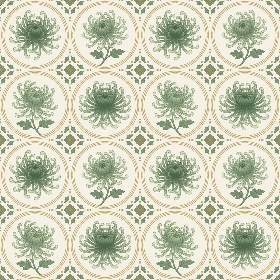 Experience the timeless elegance of our Chrysanthemum Roundel pattern. Celadon Green, Deep Sage, Roundel Gold, and Ivory Silk. Made to order.