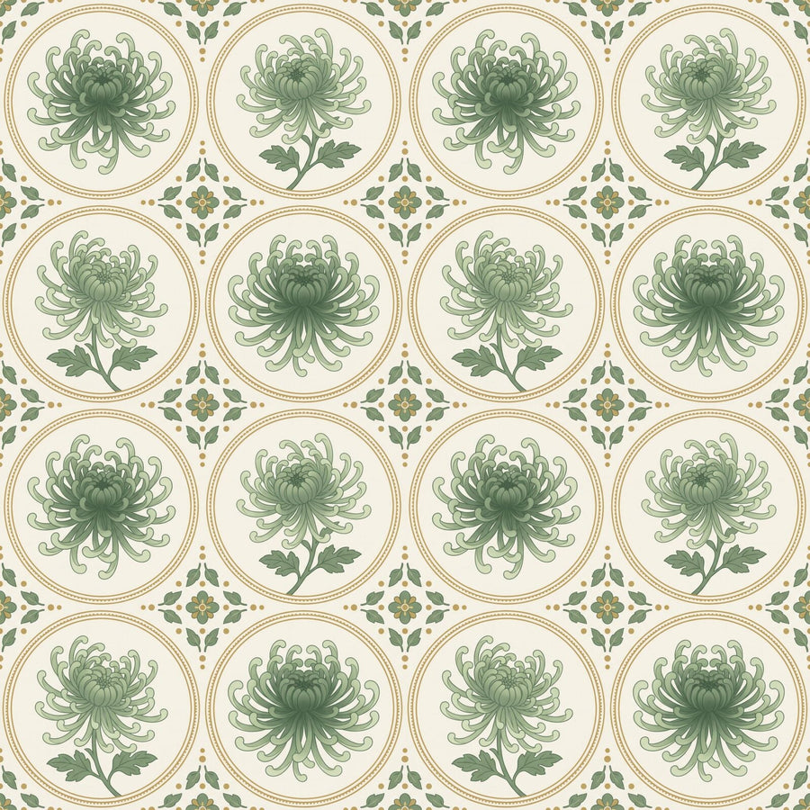 Experience the timeless elegance of our Chrysanthemum Roundel pattern. Celadon Green, Deep Sage, Roundel Gold, and Ivory Silk. Made to order.