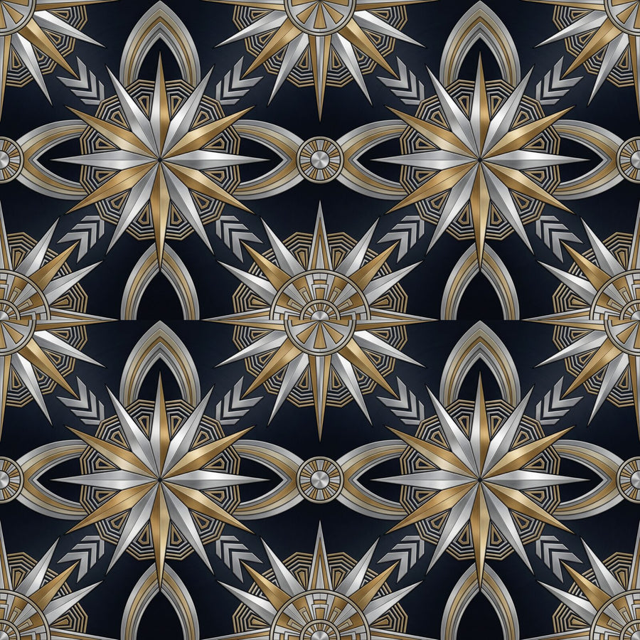 Experience the triumphant optimism of Art Deco with our Chrysler Sunburst mural. Featuring a steel midnight ground with chrome silver and warm brass rays. Made to order.