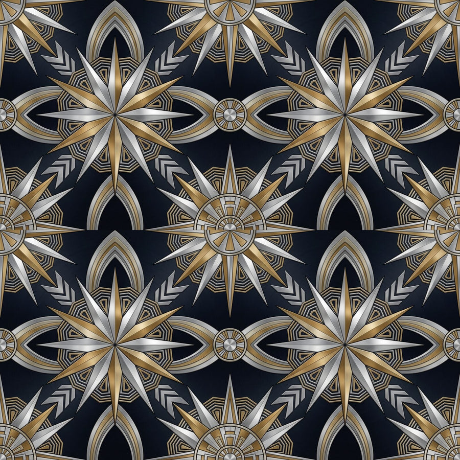 Experience the triumphant optimism of Art Deco with our Chrysler Sunburst mural. Featuring a steel midnight ground with chrome silver and warm brass rays. Made to order.