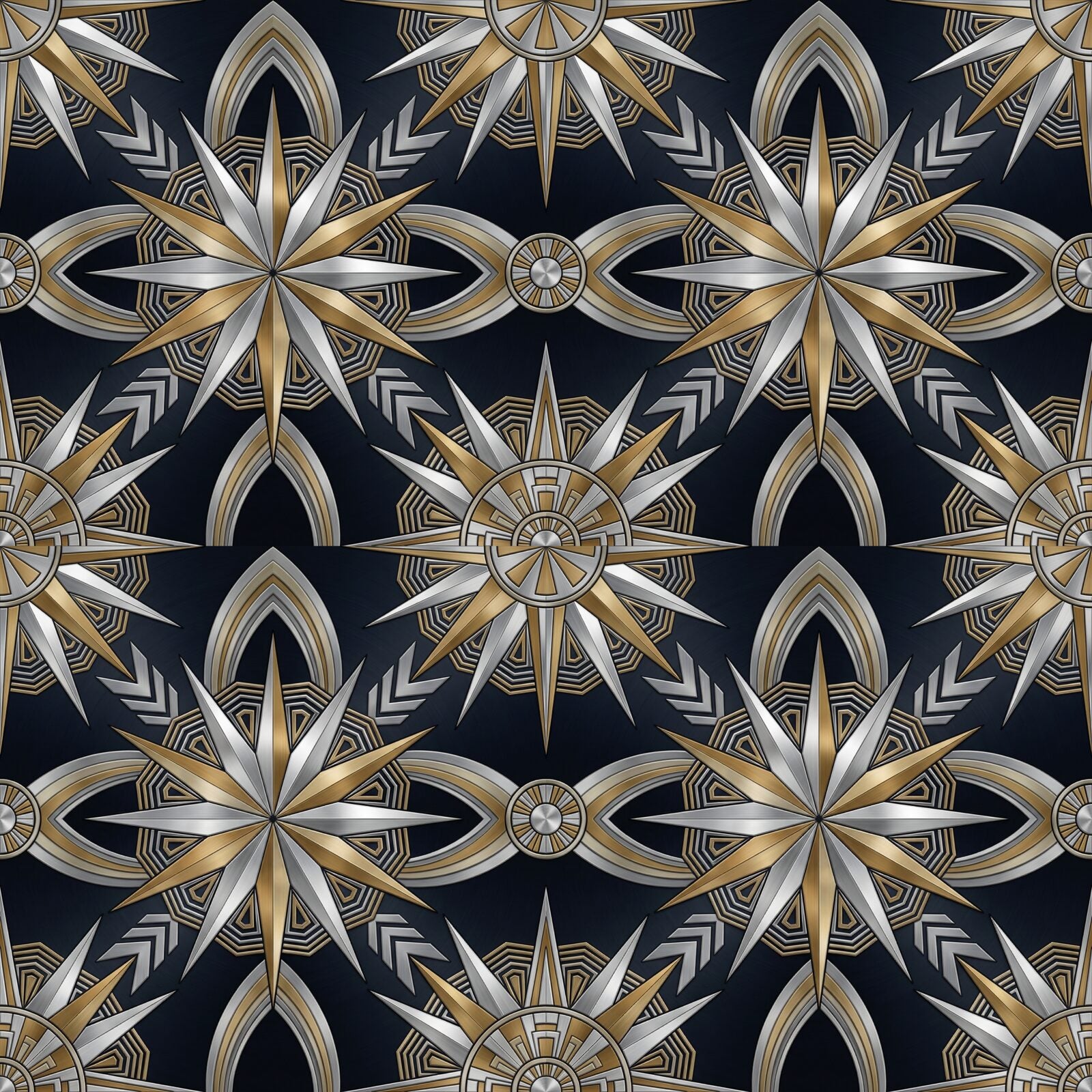 Experience the triumphant optimism of Art Deco with our Chrysler Sunburst mural. Featuring a steel midnight ground with chrome silver and warm brass rays. Made to order.