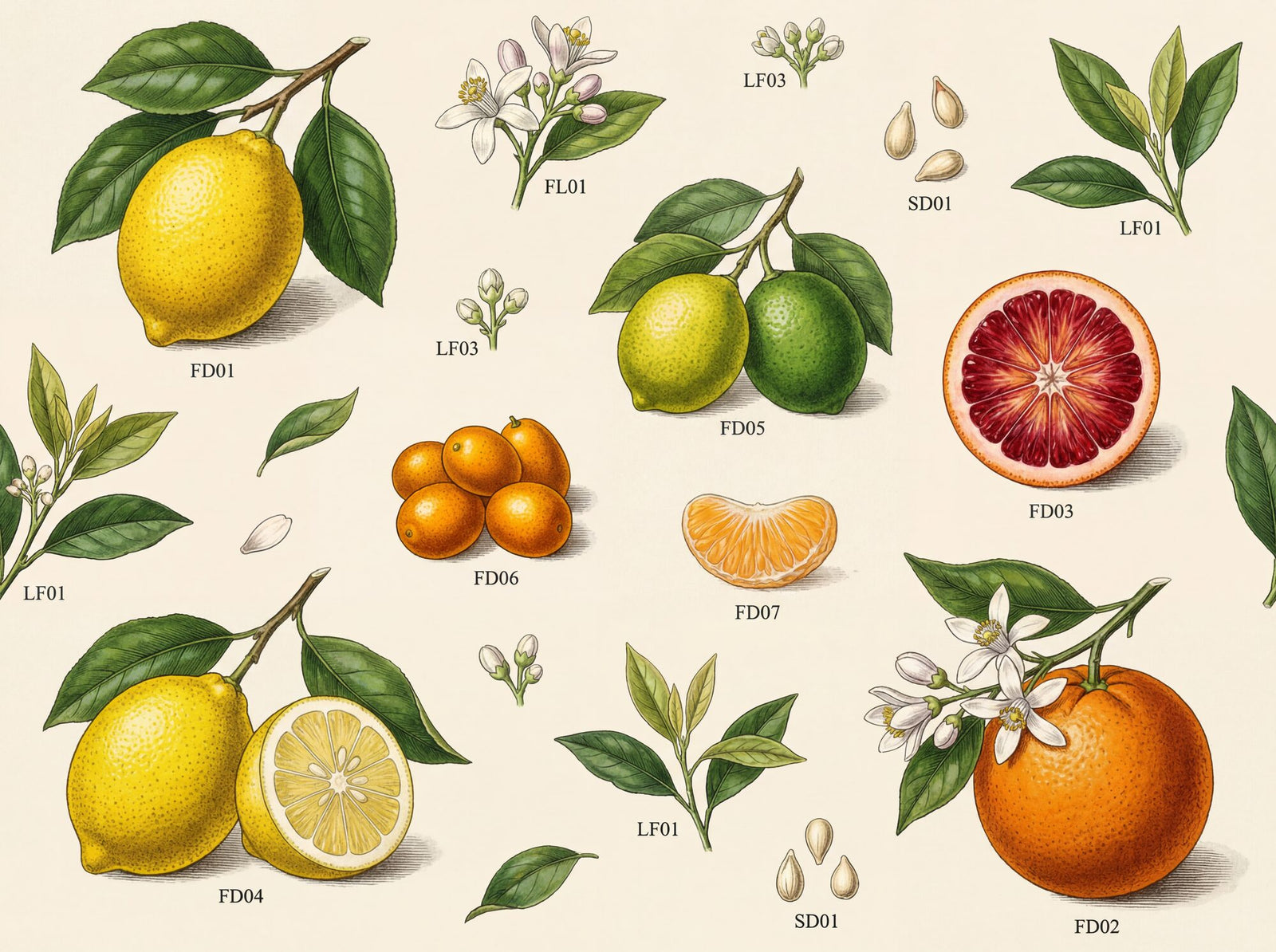 Botanical wallpaper mural showing lemons, blood orange, limes, kumquats and citrus blossom arranged as a naturalist's study on warm cream ground, in 18th-century copperplate illustration style