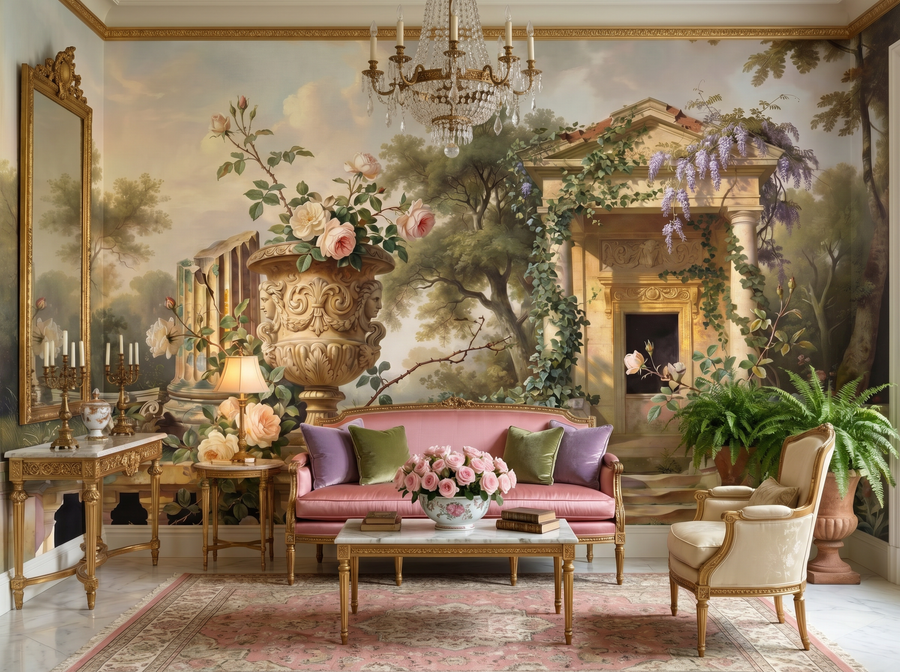 Classical Garden scenic wallpaper mural on the feature wall of an English-country living room, in a warm brown-and-taupe palette — The Wall Shawl.