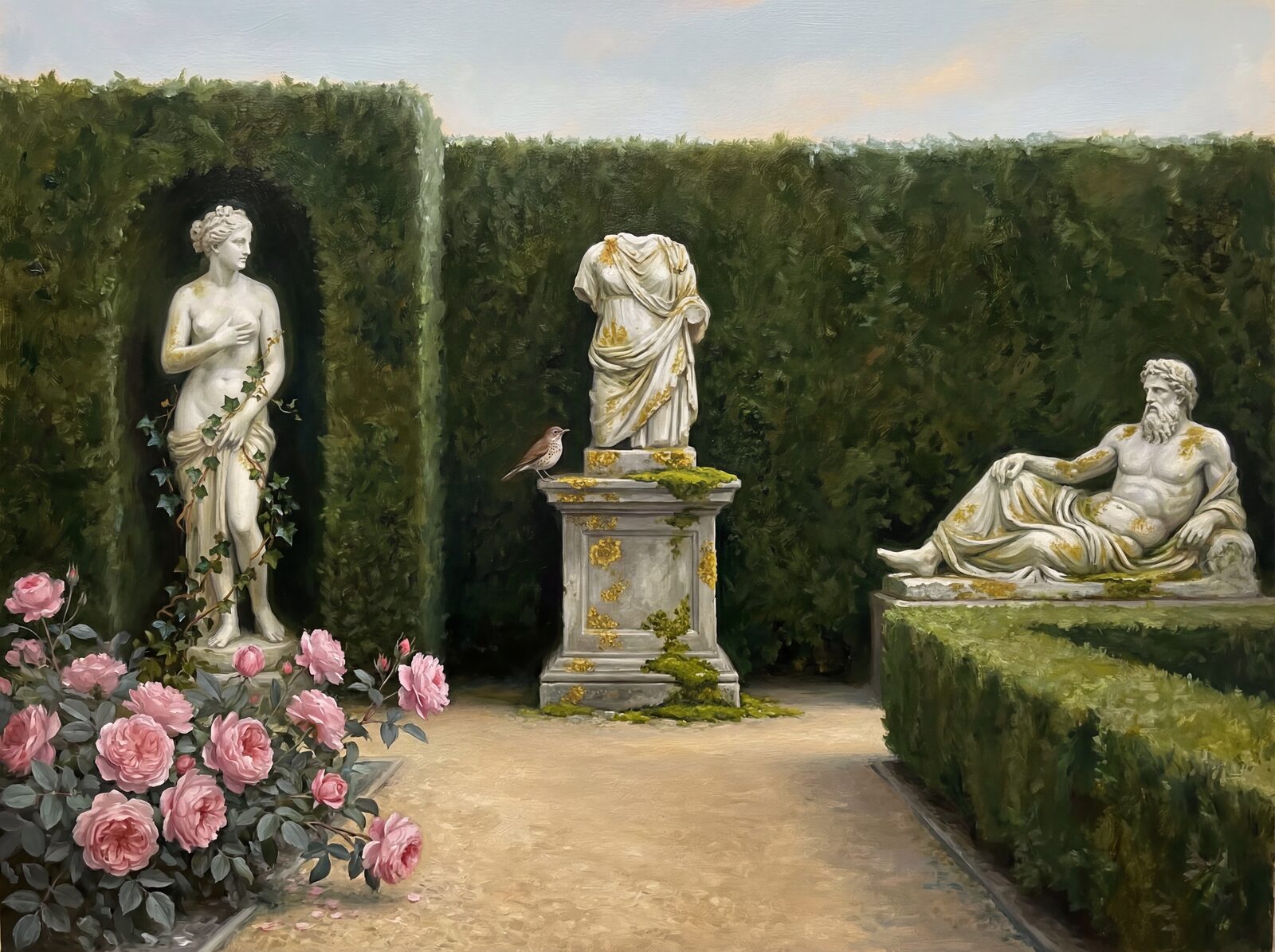 Scenic mural wallpaper in Marble White, Hedge Dark, and Lichen Gold. Made to order.