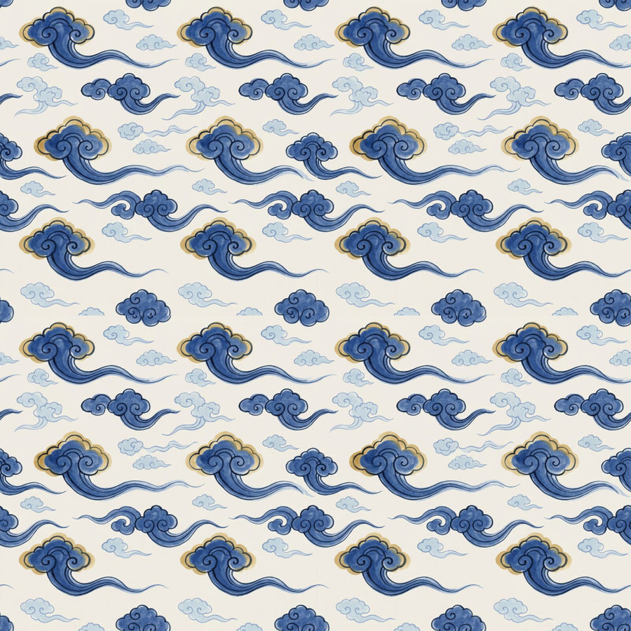 A flowing chinoiserie repeat pattern of auspicious cloud forms in Cobalt Blue, Sky Pale, and Gold Wash. Made to order.