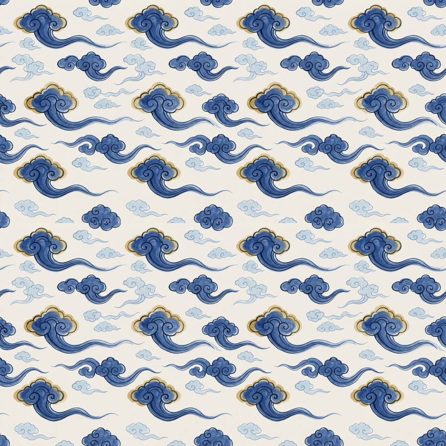 A flowing chinoiserie repeat pattern of auspicious cloud forms in Cobalt Blue, Sky Pale, and Gold Wash. Made to order.