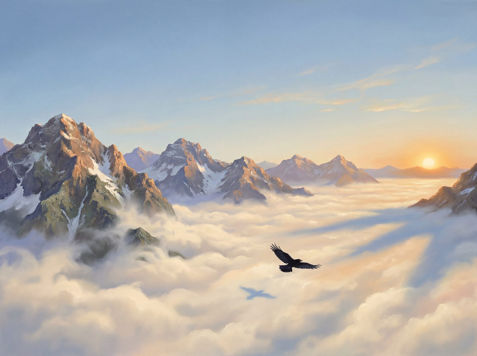 Scenic mural with Cloud White, Cloud Gold, and Shadow Blue. Made to order.