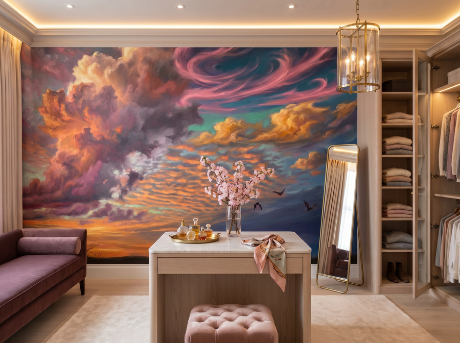 Cloud Sunset scenic wallpaper mural on the feature wall of a maximalist bedroom, in a soft grey palette — The Wall Shawl.