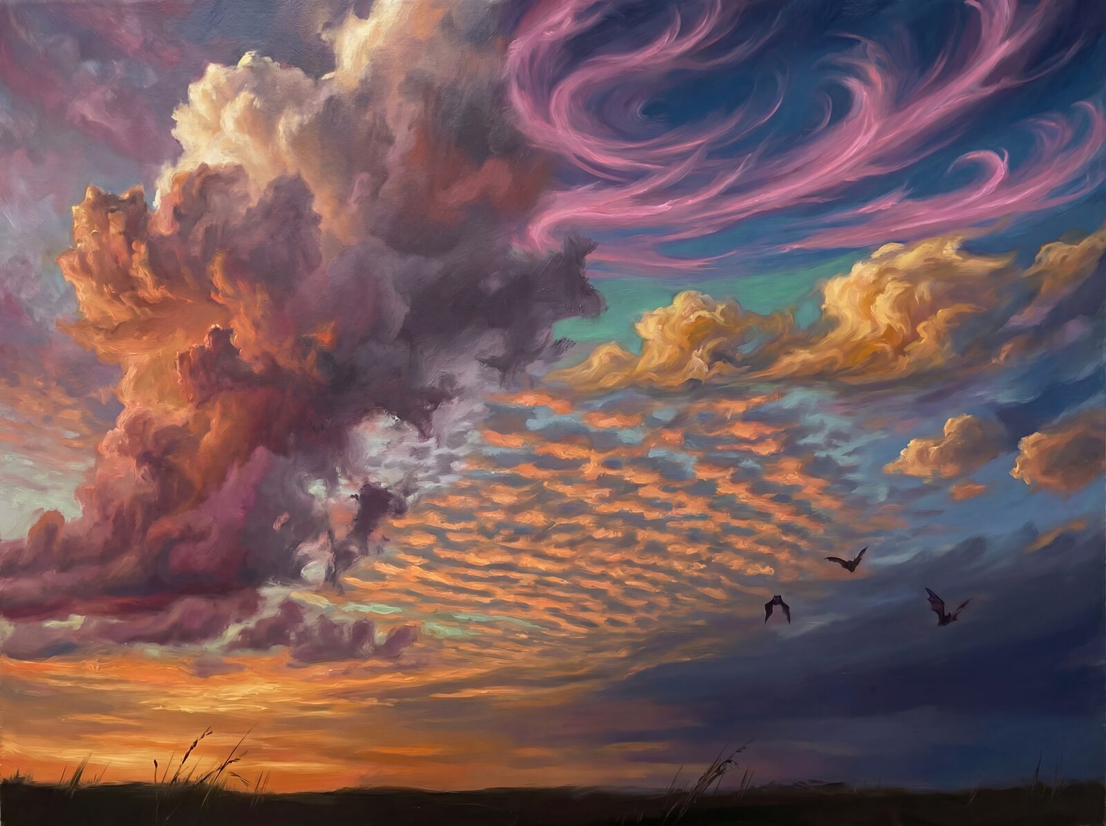 Scenic mural wallpaper featuring molten copper, cloud rose, and deep magenta hues. Made to order.