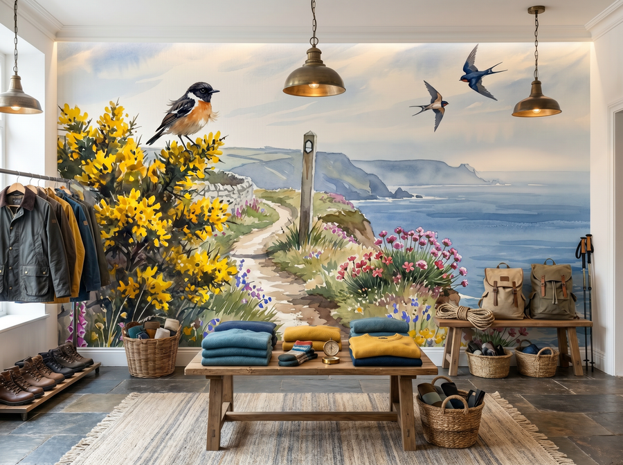 Coastal Path scenic wallpaper mural on the feature wall of a coastal entrance hall, in a cool blue palette — The Wall Shawl.