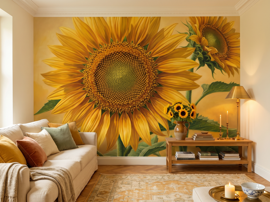 Colossal Sunflower scenic wallpaper mural on the feature wall of an English-country kitchen, in a golden yellow-and-ochre palette — The Wall Shawl.