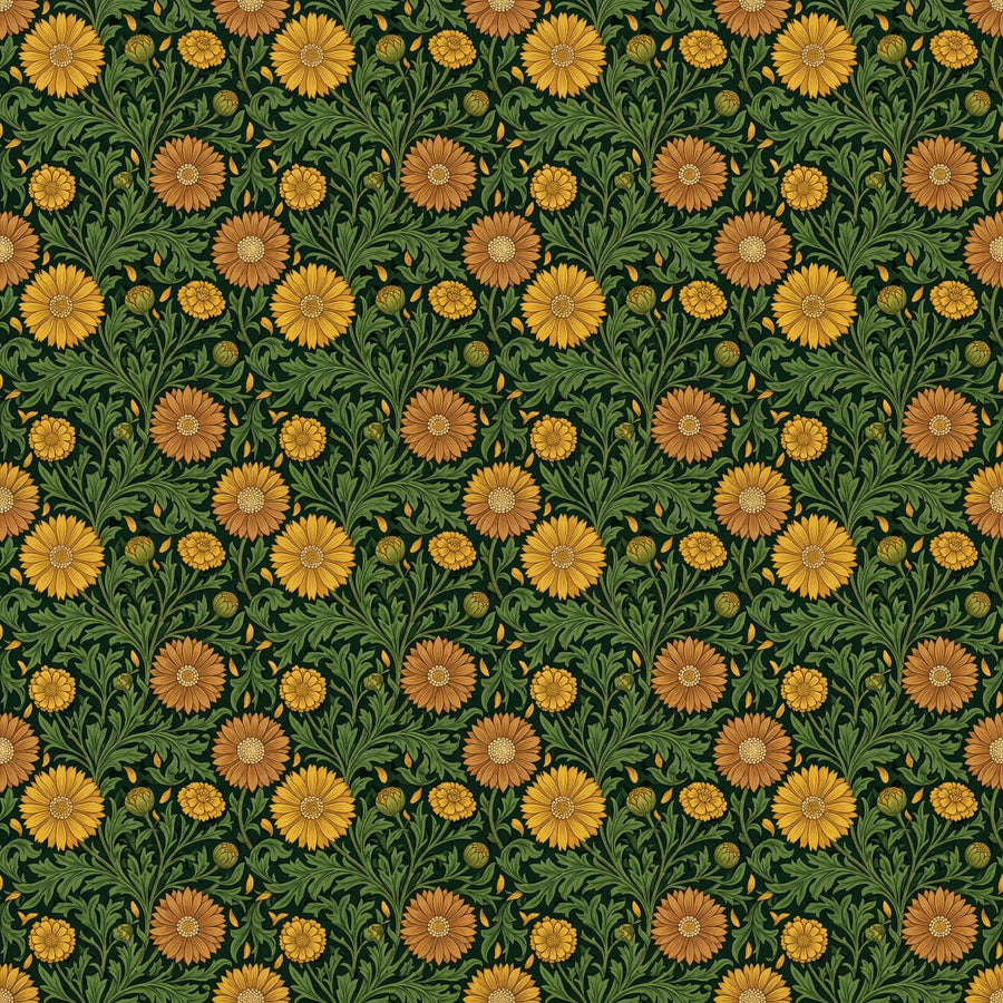 Immerse your space in the warm, dense beauty of Compton Marigold. With a rich palette of forest green, marigold gold, and copper, this Morris design is a luxurious country house st