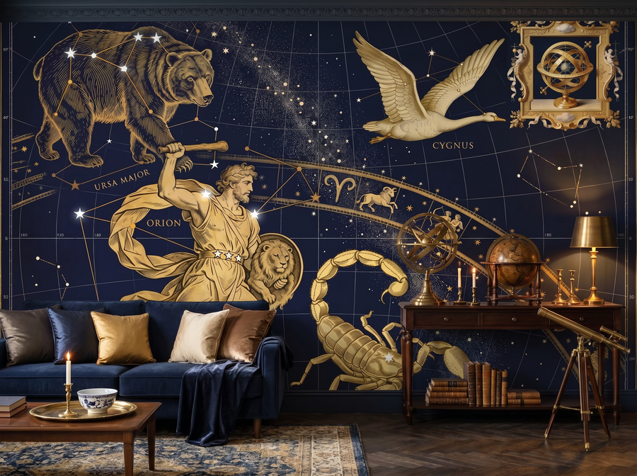 Constellation Map scenic wallpaper mural on the feature wall of a dark-academia study, in a moody black-and-charcoal palette — The Wall Shawl.
