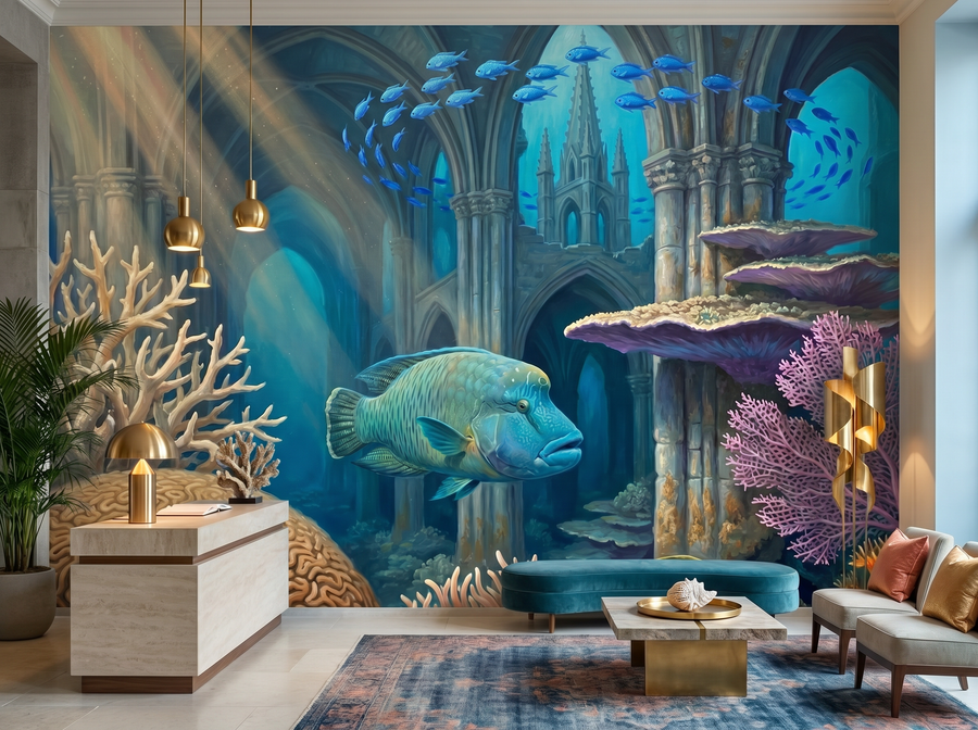 Coral Cathedral scenic wallpaper mural on the feature wall of a coastal study, in a cool blue palette — The Wall Shawl.