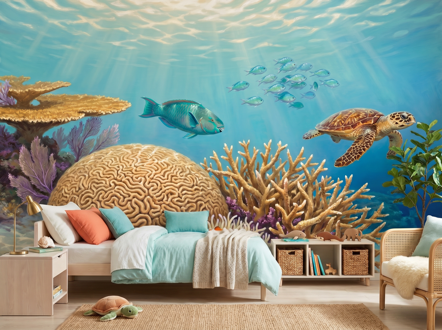 Coral Reef scenic wallpaper mural on the feature wall of a coastal bathroom, in a deep teal palette — The Wall Shawl.