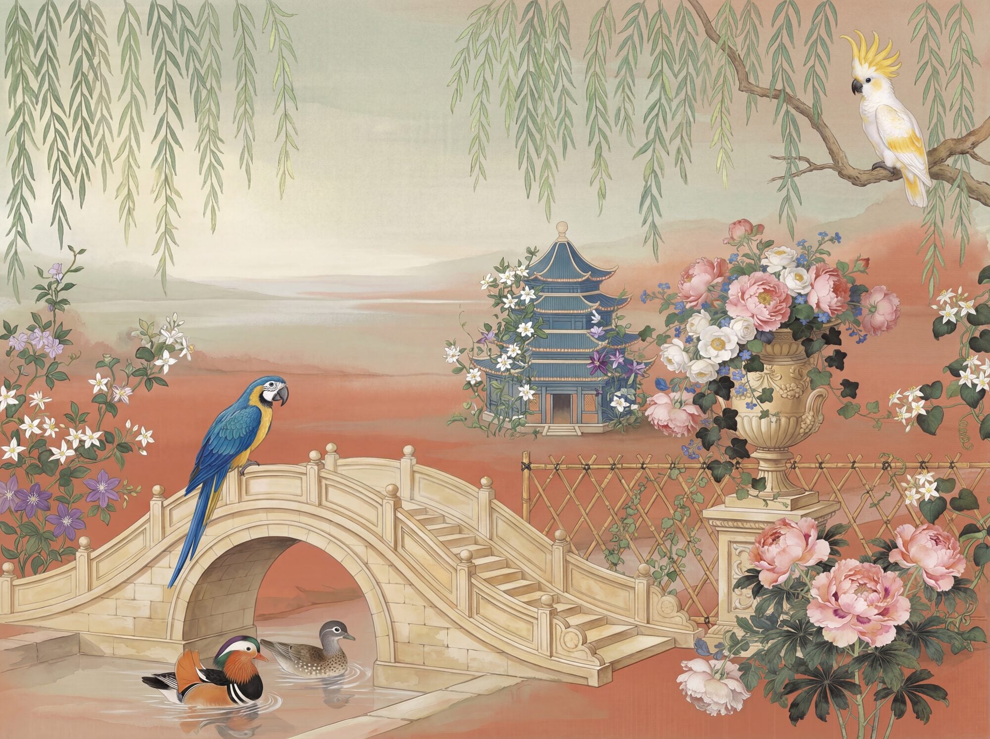 Coral Salon chinoiserie mural wallpaper — blue-and-gold macaw on a stone balustrade, sulphur-crested cockatoo on a high branch, mandarin ducks at the waterline, peonies and a blue pagoda on a coral-terracotta silk ground