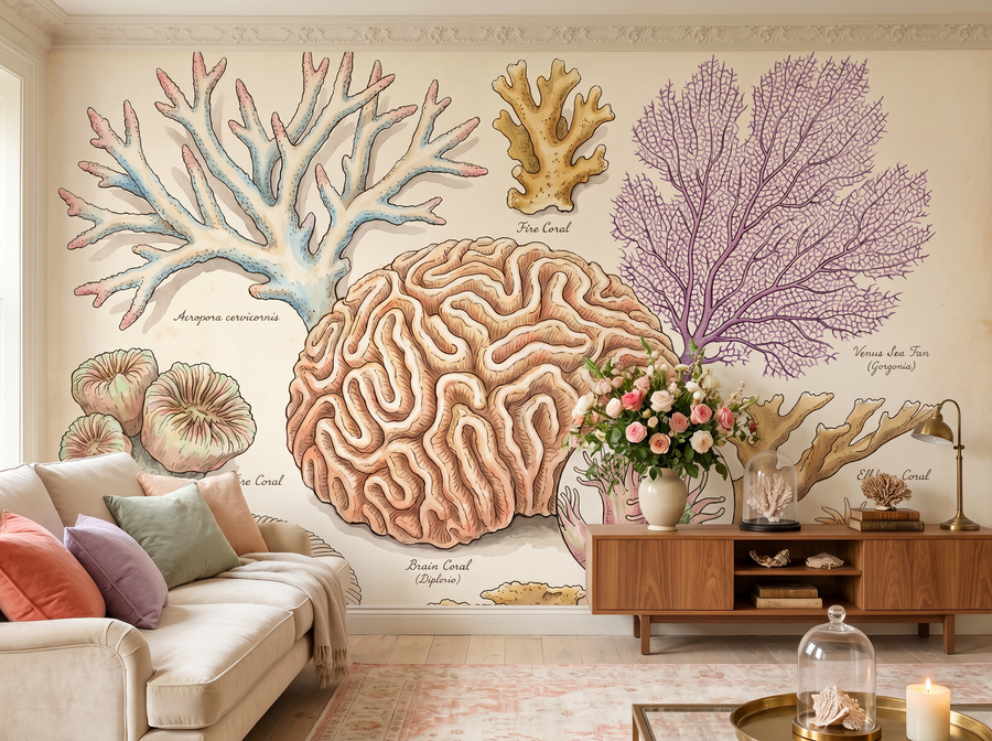 Coral Specimens scenic wallpaper mural on the feature wall of an English-country living room, in a soft grey palette — The Wall Shawl.