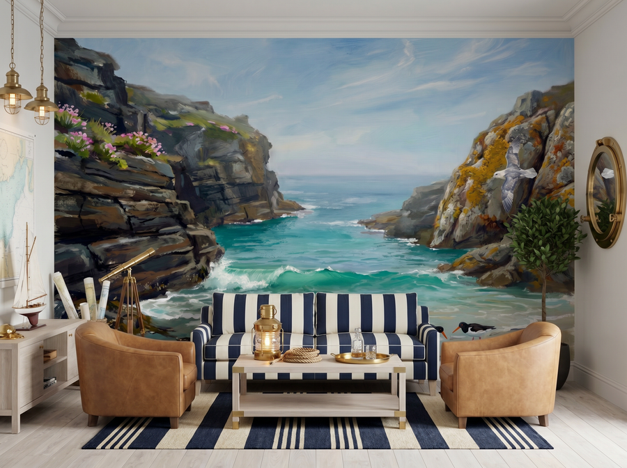 Cornish Cove scenic wallpaper mural on the feature wall of an English-country bathroom, in a soft grey palette — The Wall Shawl.