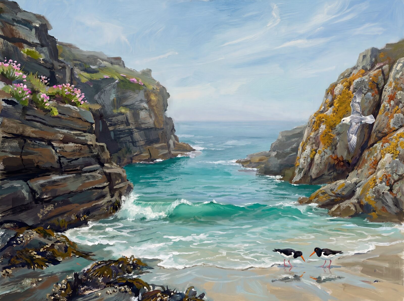 Scenic mural wallpaper featuring a serene Cornish cove with turquoise water, granite headlands, and sea thrift flowers. Made to order.