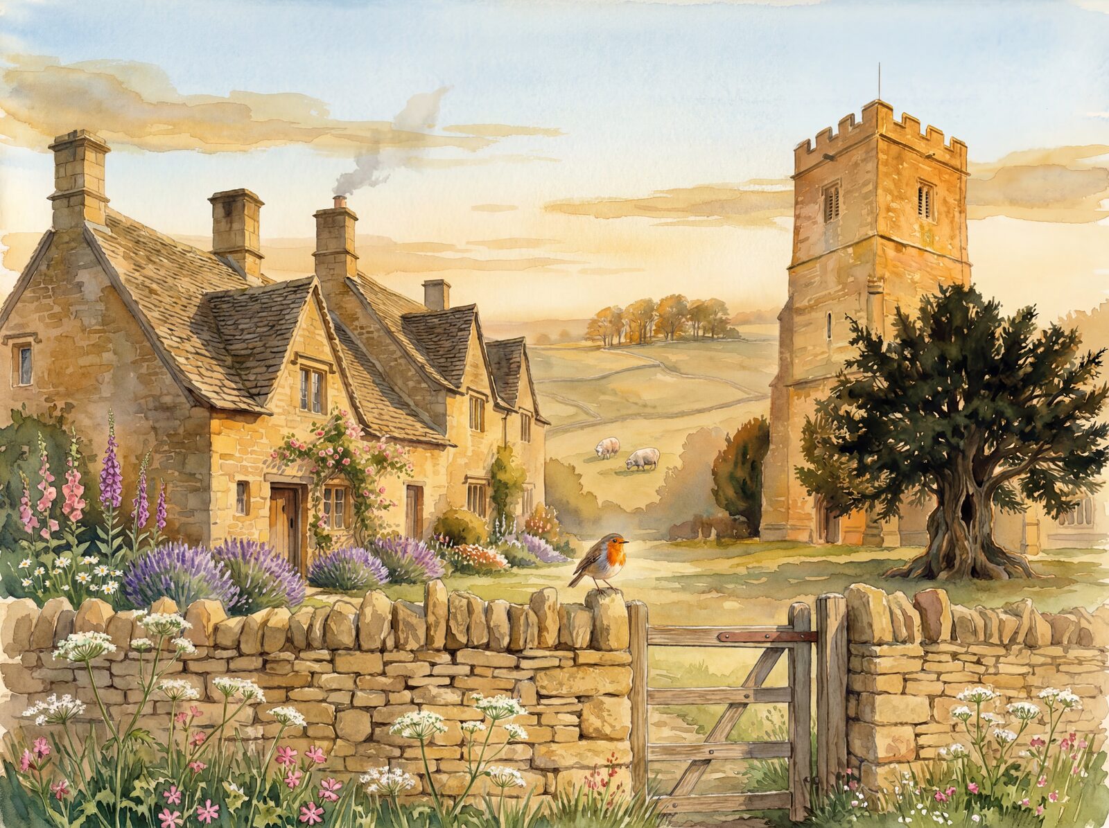 Scenic mural wallpaper featuring a golden English village with honey stone cottages, cream stone walls, and lush green hills. Made to order.