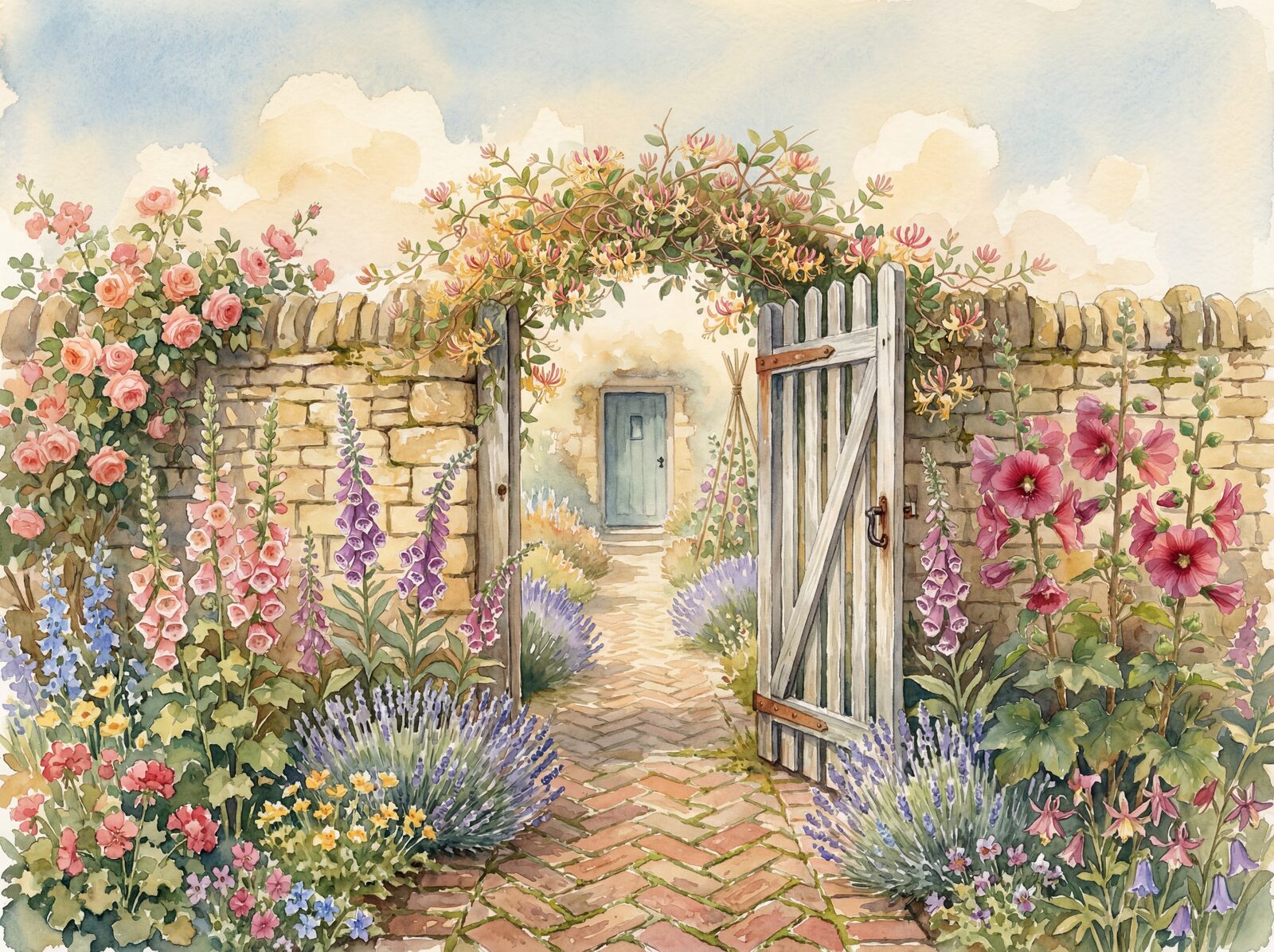 Scenic mural wallpaper featuring a vibrant cottage garden with Hollyhock Pink, Foxglove Purple, and Honeysuckle Cream. Made to order.